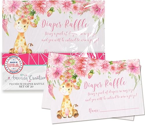 Amanda Creation Acuarela Dalia Floral Giraffe Pañal Rifa Boletos para Niñas Baby Showers, 20 tarjetas de inserción de doble cara de 2 x 3 pulgadas