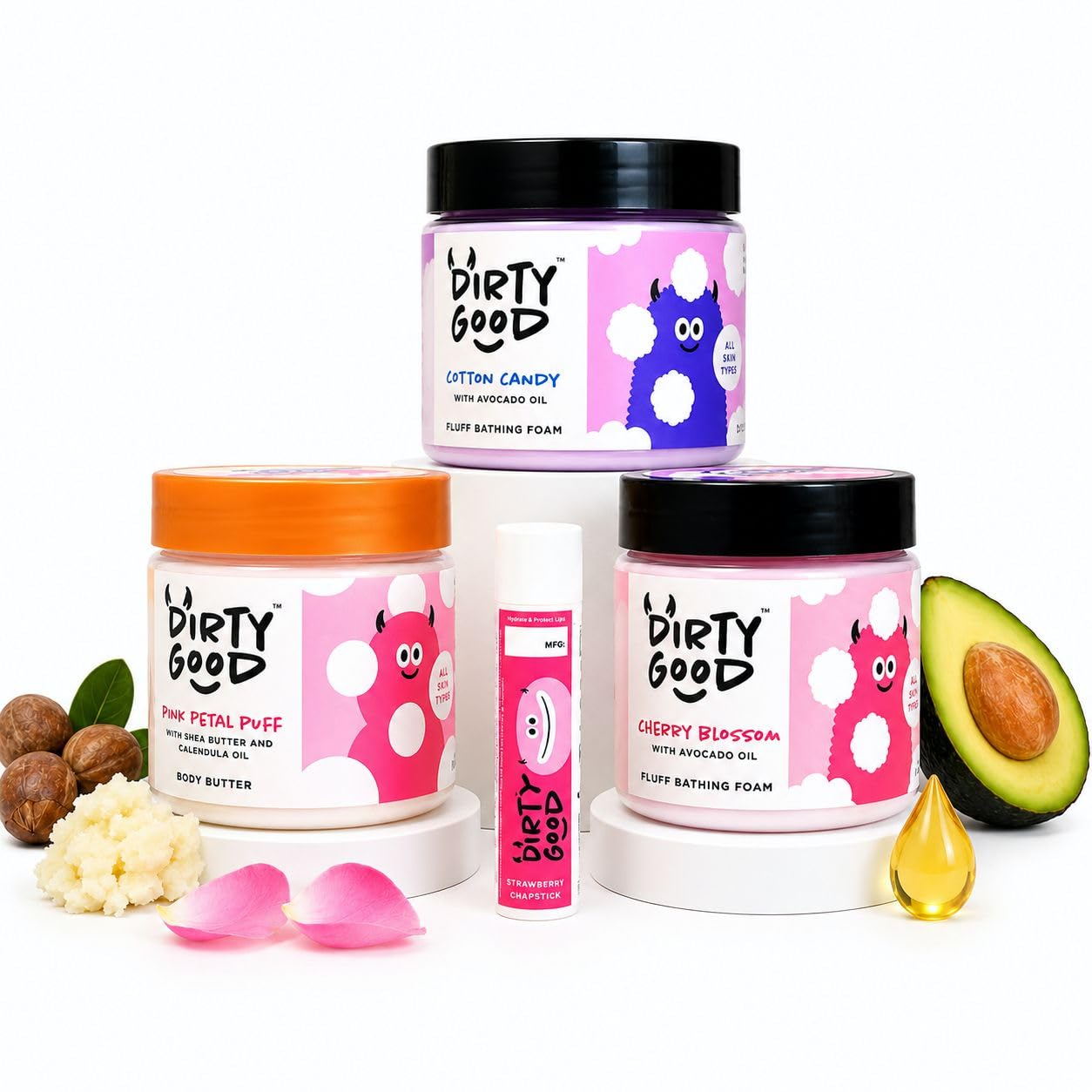 Dirty Good Kids Bath & Body Gift Set | Cotton Candy Fluff, Cherry Blossom Fluff, Pink Petal Puff Body Butter and Strawberry Lip Balm | Avocado Oil Shea Butter Vitamin E | Boys & Girls 3+ | 4 Piece Gift Pack-picture-42