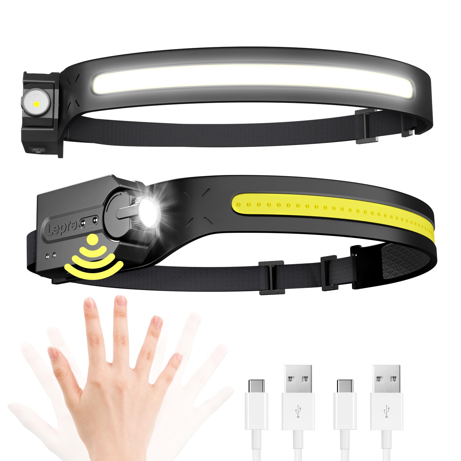 Lepro Stirnlampe Led Wiederaufladbar, Superhell 350 Lumen mit 5 Modi, 230°Weitwinkel Scheinwerfer mit Bewegungsmelder, 1200mAh Kopflampe, IP44 für Wandern Camping Joggen, 2 Stück [inkl. USB-C Kabel]
