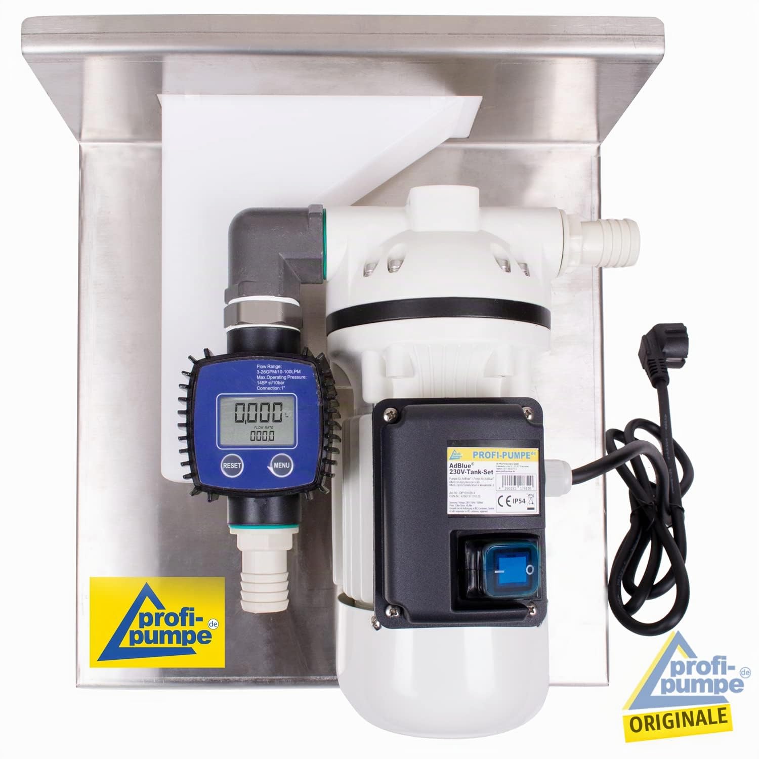 Set serbatoio AdBlue® da appendere a contenitori IBC - set completo con pompa autoadescante da 230 V, tubo di aspirazione e pressione, pistola per ugello AdBlue, contatore digitale