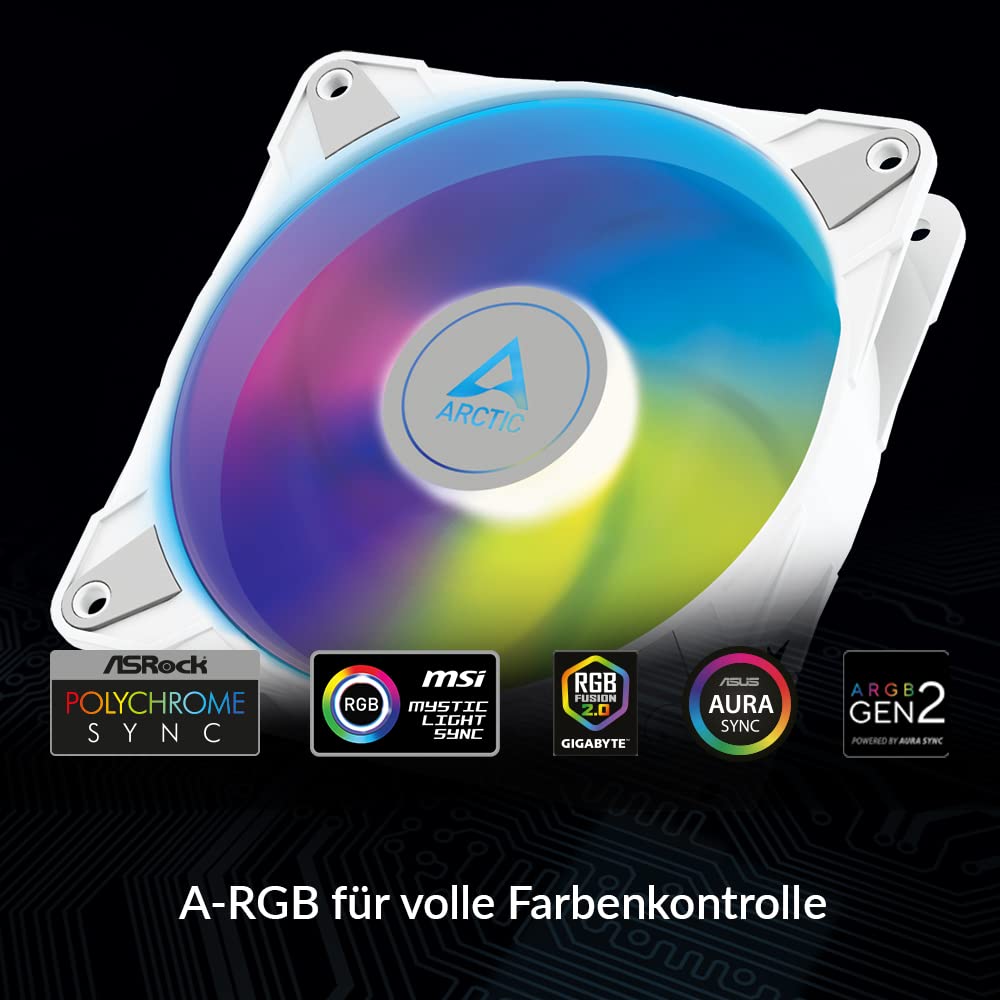 ARCTIC P14 PWM PST A-RGB (weiß) - PC Lüfter, 140mm PWM PST Gehäuselüfter | Case Fan, Optimiert für statischen Druck, Semi-Passiv: 200-1900 rpm (0 rpm <5 %), 5V 3 Pin ARGB-LED, Einzellüfter