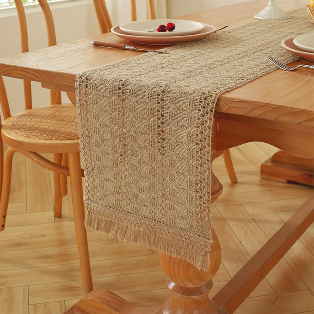 Mioyoow Brown Christmas Woven Table Runner, 11.81*72.05'' Christmas Tassels Tables Runners Boho Rustic Dining Tablecloth Decoration For Home Wedding Holiday Party