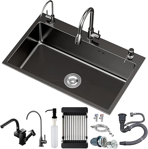 Miniatura 7 de Eistrus Fregaderos de cocina en cascada de color negro, fregadero compuesto de acero inoxidable 304 de instalación inferior con lavaplatos,