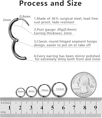 Miniatura 4 de Aretes de aro de acero inoxidable quirúrgico 316L, aretes de aro para hombre, color dorado, plateado y negro, hipoalergénicos, de 0.236 pulgadas,