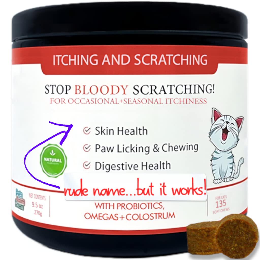 Pets Calm Down Itching & Scratching relief cat treats. Supports scratching, sneezing, rubbing, chewing, coughing, sore skin. Relief within 30 days. Great taste. Quick and easy. 90 tablets
