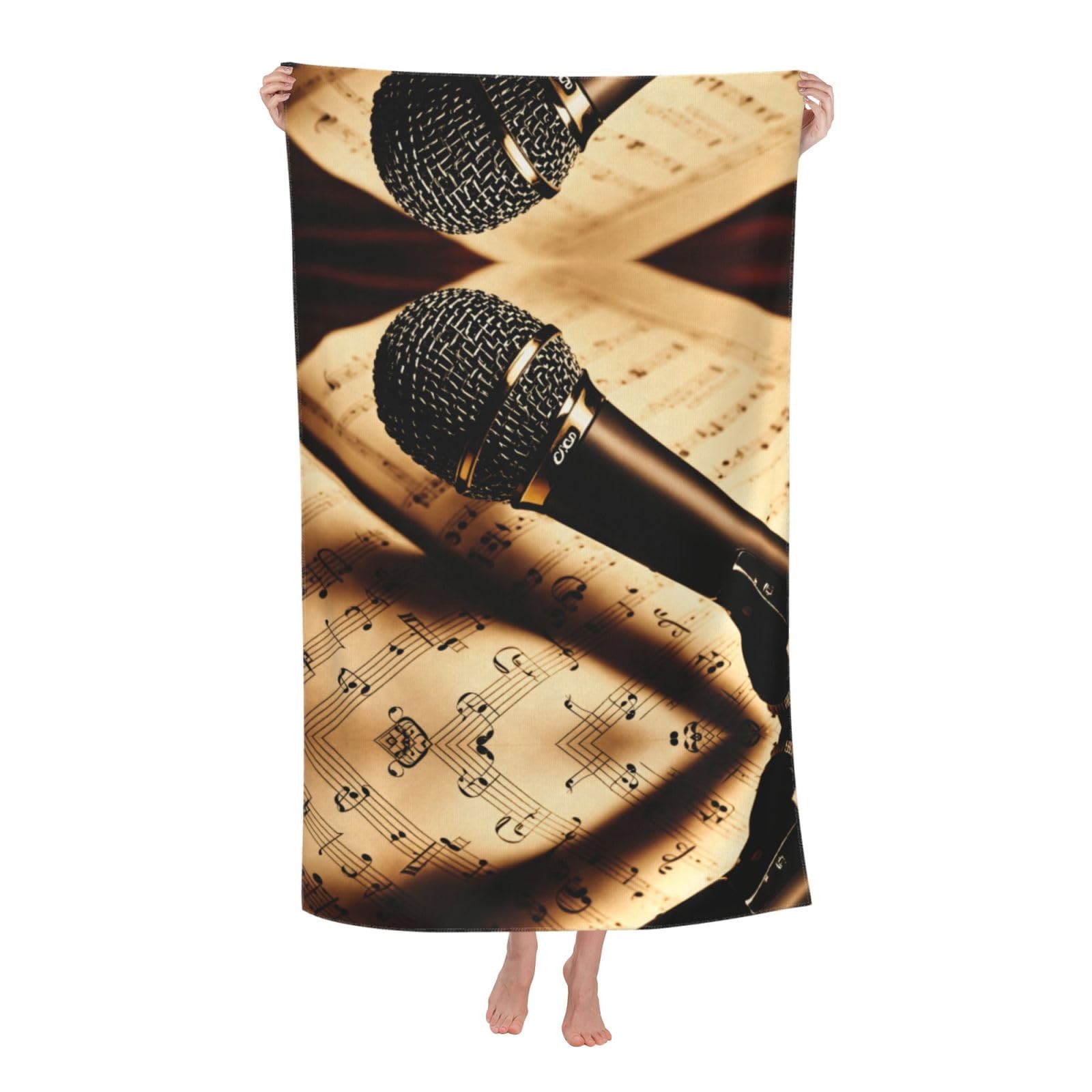 Oazcvbnn Women's White Microphone With Music Note Print Adult Beach Towel Summer Travel Pool Vacation Swimming Fitness Outdoor Adventures