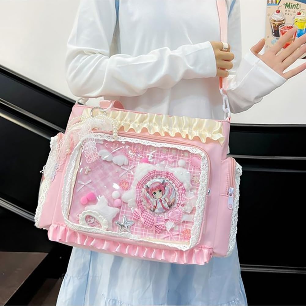 Kawaii Ita Bag with Clear Display Window, Soft Lace Ruffle Trim Shoulder Purse,Multi-Pocket Crossbody Tote for Anime Cosplay - Image 5