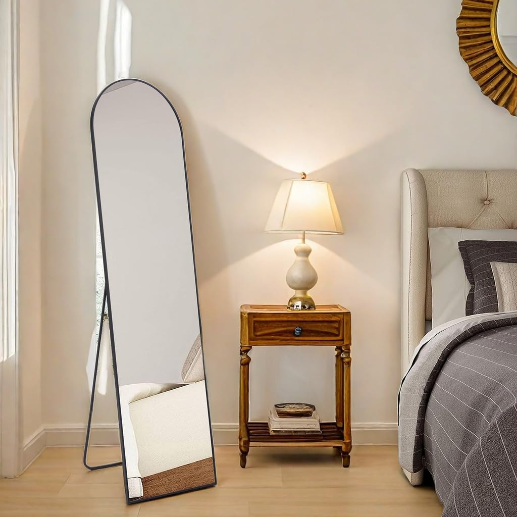 Full Length Mirror with Stand, Floor Standing Mirror 59"X16" Aluminum Alloy Wall Mirror Hanging or Leaning Against Wall, Body Mirror for Bedroom Living Room, Black-arched-59IN