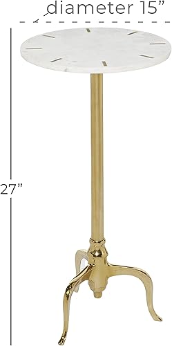 Miniatura 2 de Deco 79 Mesa auxiliar de mármol con incrustaciones doradas y base enrollada, mesa auxiliar de 15 x 15 x 27 pulgadas, color blanco