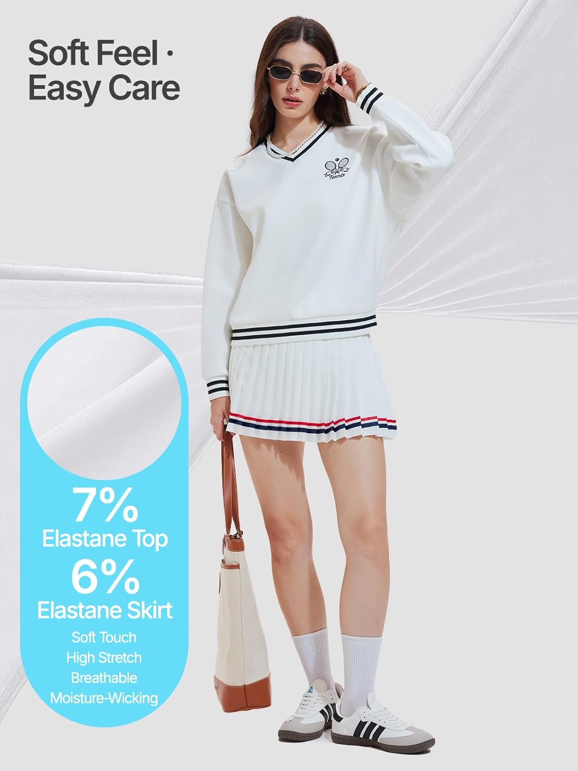 Women's Long Sleeve Tennis Skirt Set 2 Piece Golf Outfit, V-Neck Sweater & Skort with Pockets, Preppy Pickleball Sport Suits - Image 5