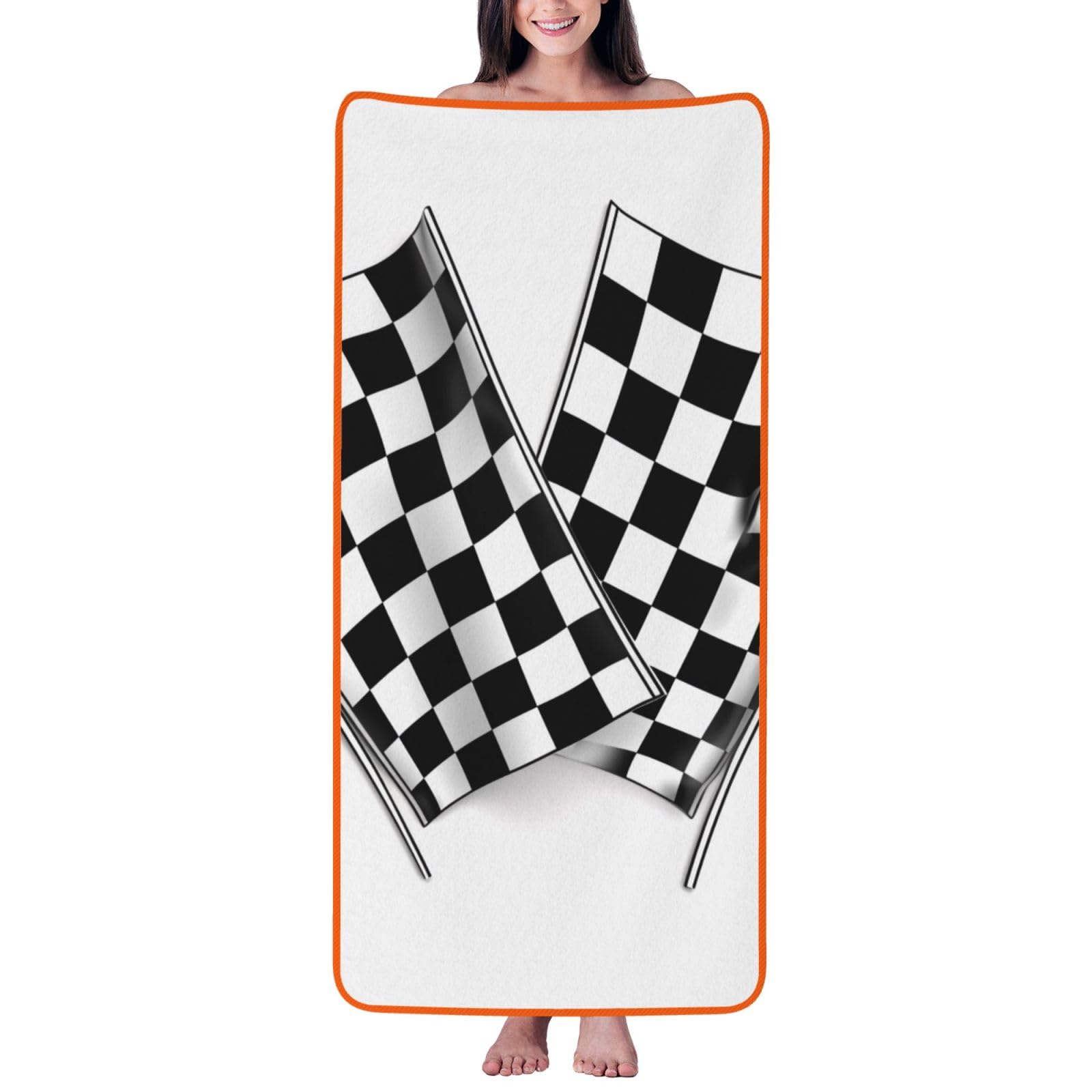 WPKJU Checkered Flags Race Flag Printed Bath Towel with Orange Edging - 27x55 in Soft Extra Absorbent Coral Velvet Shower Towels for Bathroom