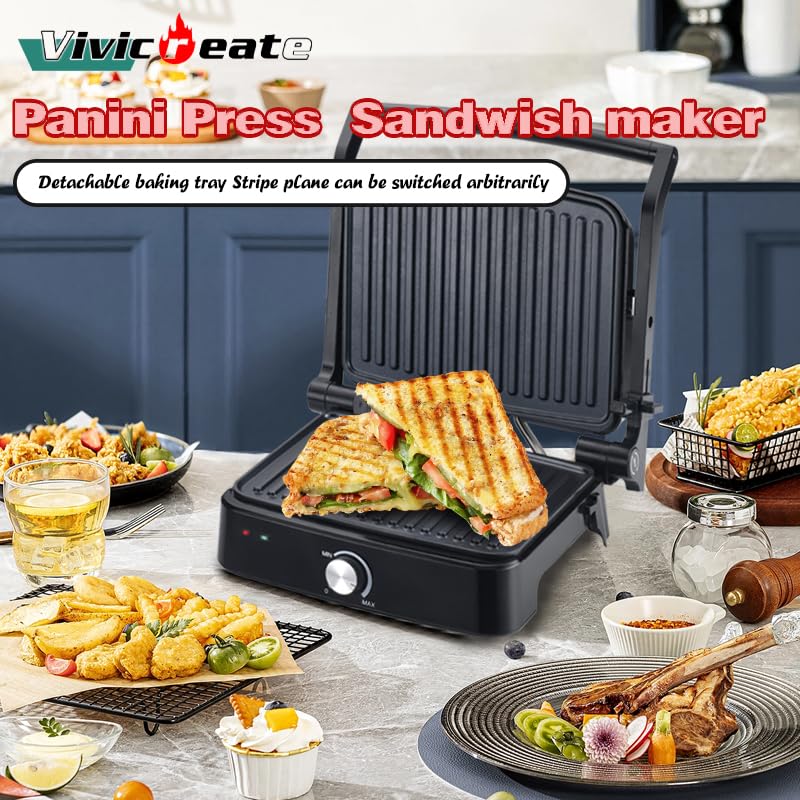 Parrilla de contacto 5 en 1 Panini Press Parrilla eléctrica antiadherente Temperatura ajustable Placas extraíbles Portátil para sándwiches Bistec Desayuno Parrilla eléctrica prensa de 2
