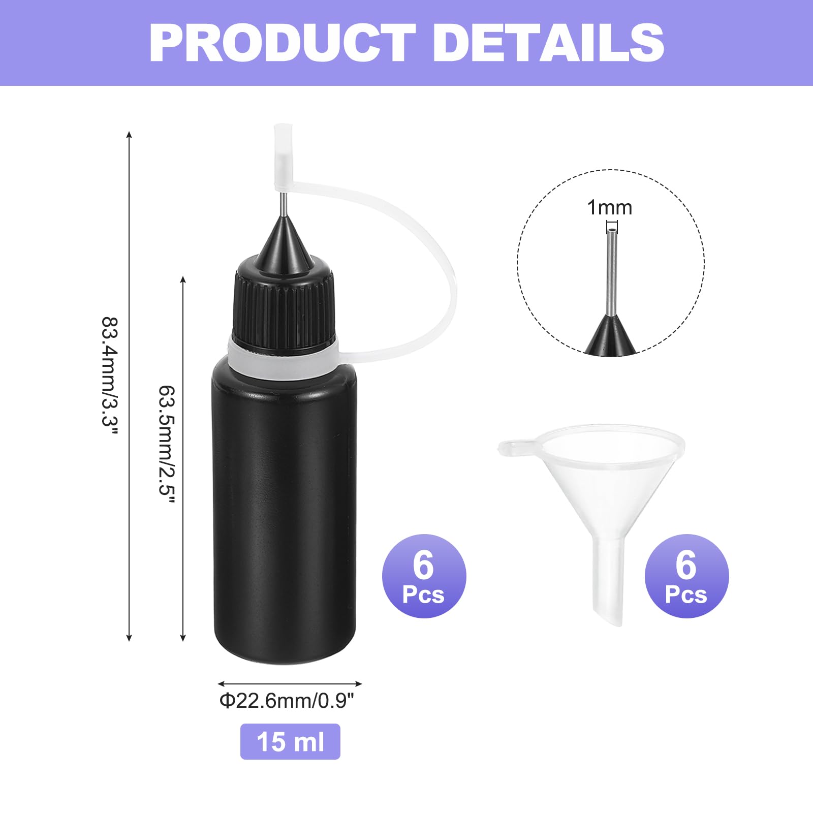 MECCANIXITY 6Pcs Needle Tip Squeeze Bottle, 15ml/0.5oz Glue Tip Applicator Bottles Plastic Liquid Glue Bottle for Paper Crafts, Painting, Oil, Ink(Black, with 6 Funnel)