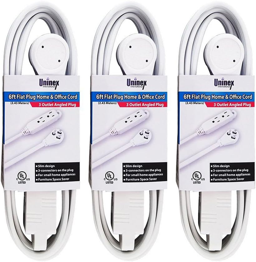 Uninex EC1606AUL Flat Angle Plug Extension Cord with 3-Outlet, 3-Prong, 6-Foot, 3-Pack