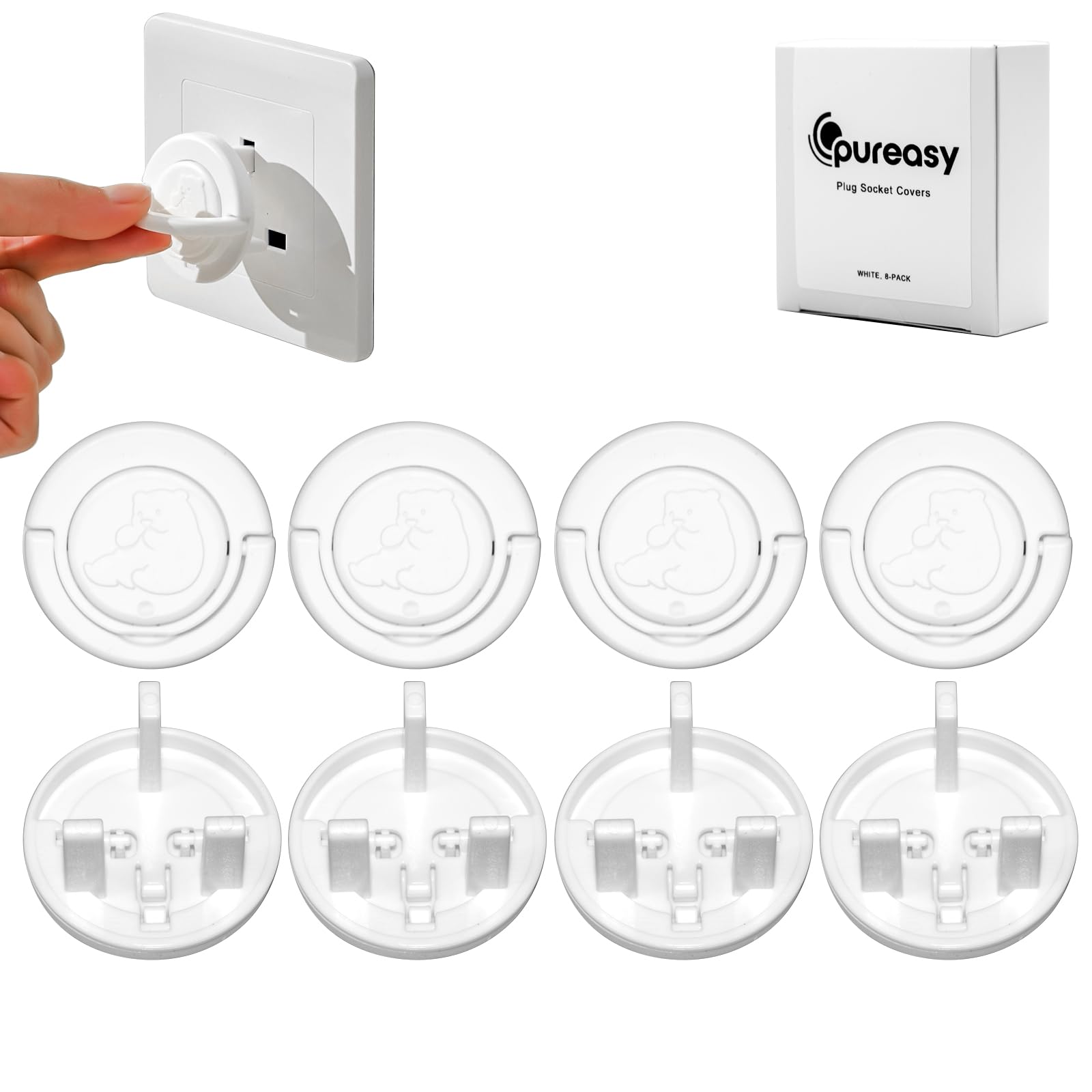 PUREASY 8-Pack Plug Socket Covers UK, White ABS Socket Covers with Hidden Pull Ring & Cute Bear Design