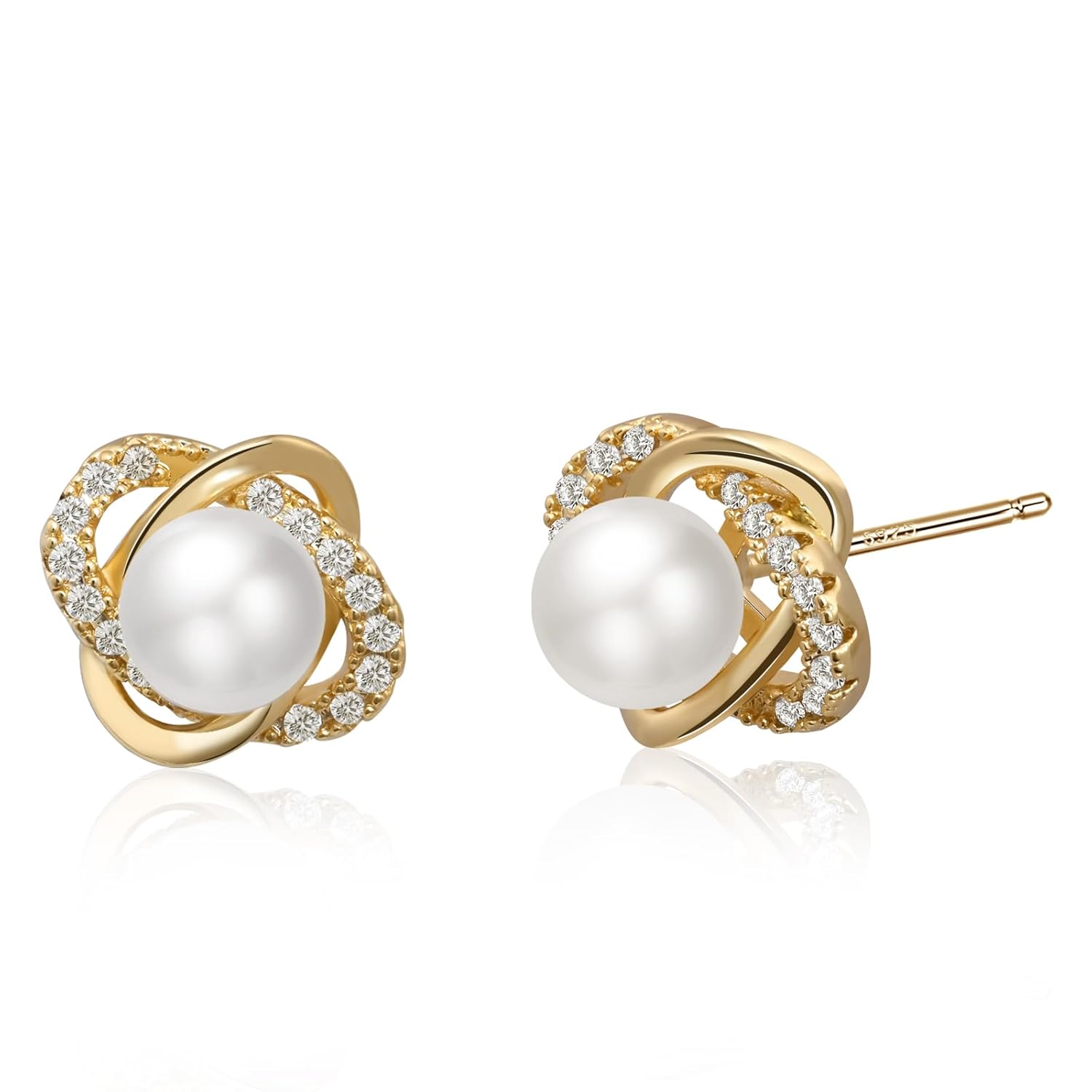 Pearl Stud Earrings, 14K Gold Plated Sterling Silver Post, Four Leaf Clover Design with Cubic Zirconia Thumbnail
