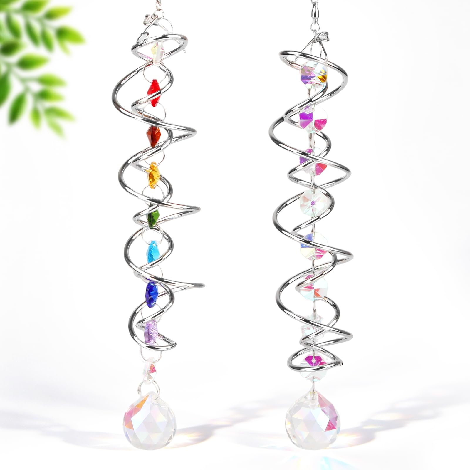 2 Stück Kristall Sonnenfänger Fensterdeko, 45 cm Hängedeko mit Glaskugel, Spiralanhänger & 7 Chakra-Kristallen, Regenbogen Lichtfänger für Fenster, Balkon, Garten, Terrasse, Zuhause (2pcs)