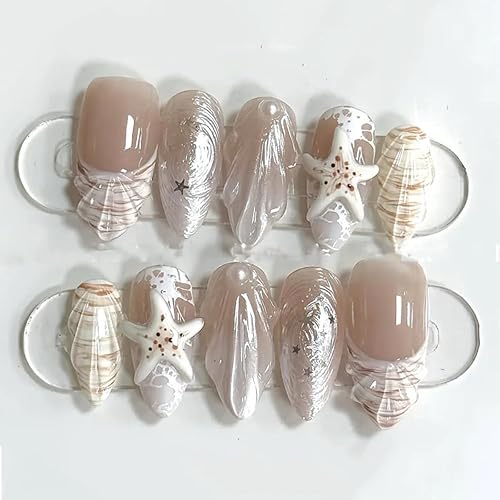 Press on Nails Almond Short Spring White Beach Fake Nails