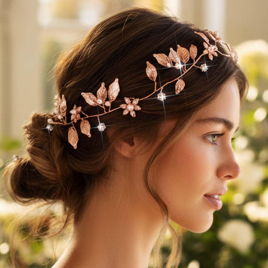 Yean Bride Wedding Hair Vine Headband Gold Leaf Bridal Accessories for Women (Rose Gold) - Image 3