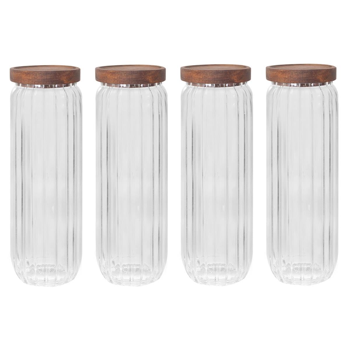 YöL Pack of 4 1100ml Glass Storage Container Wooden Lid With Silicone Seal Modern Ribbed Finish - Dry Food Storage Jar Tea Coffee Sugar Flour Oats Pasta Cereal Kitchen