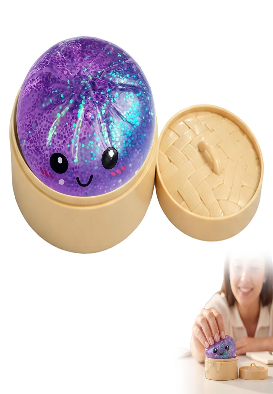 Giant Dumpling Squishy with Steamer Box, Slow-Rebound Fidget Toy 3.94in，Pueple
