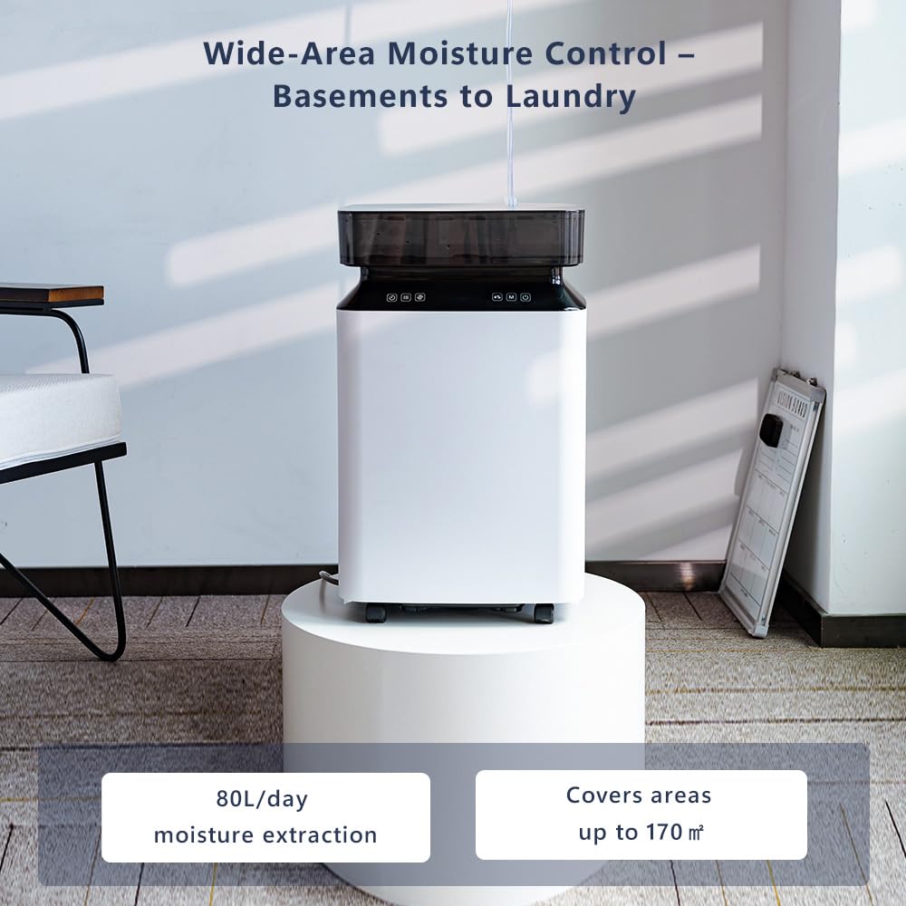 Kalopsia Deumidificatore Elettrico Professionale Commerciale: 80L/Giorno Grandi Ambienti 170㎡ Antimuffa con Pompa di Scarico Continuo Timer Portatile per Casa Ufficio Cantina Bagno Garage Stanza
