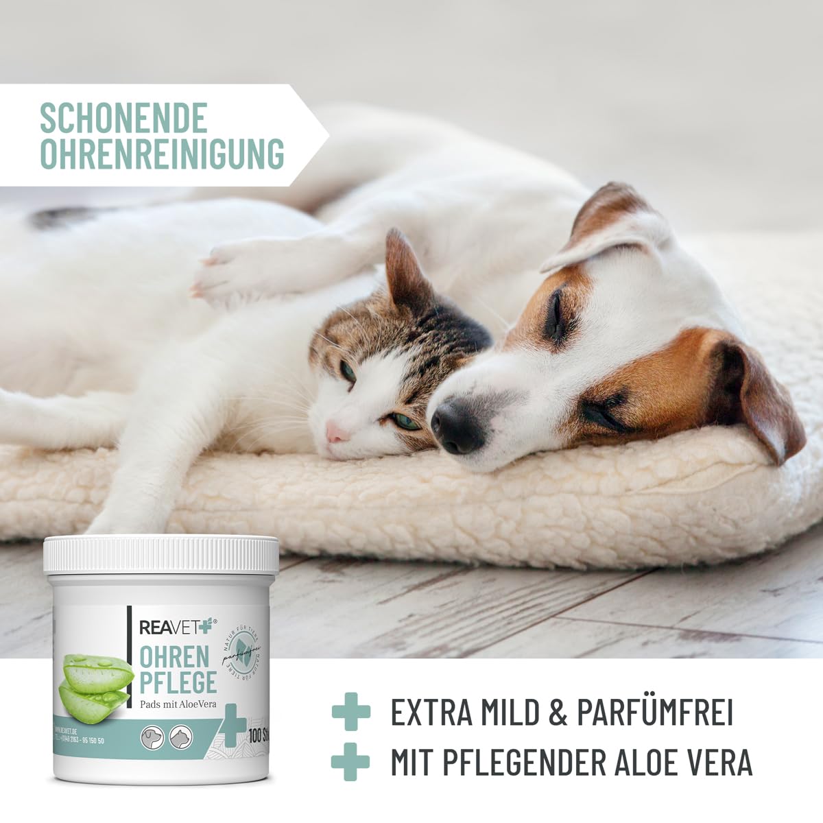 ReaVET 100 unidades de limpiador de oídos para perros y gatos Almohadillas para el cuidado de las orejas toallitas de limpieza para perros especialmente suave y suave con aloe vera para perros y gatos
