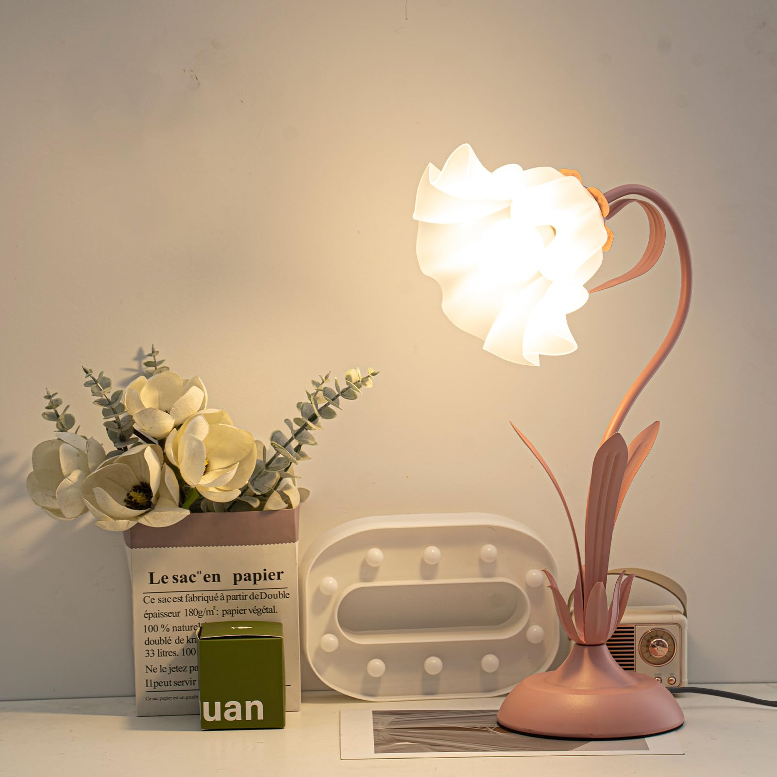 Rosa Lamparas De Mesita De Noche,IluminacióN De Tres Tonos Lampara Escritorio Pantalla AcríLica Con Lirio Del Valle,Lampara De Mesa Perfecto Para Chica Dormitorio,Cabecera,Estudio,Regalo