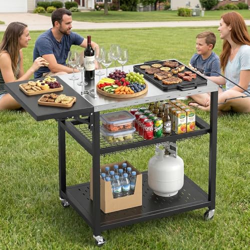Skokliz Grillwagen beweglicher Servierwagen mit 3 Ebenen, klappbarem Beistelltisch und 360° schwenkbaren Rollen mit Bremse – Multifunktionaler Edelstahl Outdoor Grilltisch für BBQ und Garten