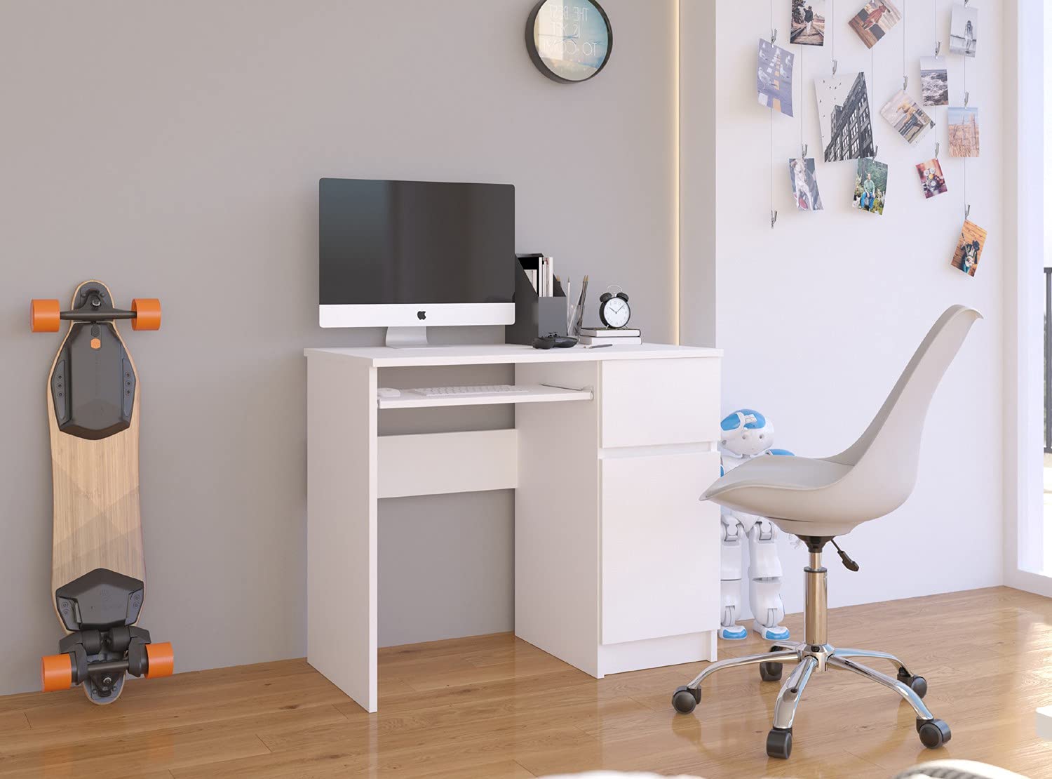 AKORD Bureau Informatique d'ordinateur Piksel | Tablette Clavier | Droit | Desk | 1 Tiroir et 1 Compartiment avec Porte | Table d’étude | L90 x H77 x P50 cm | Blanche