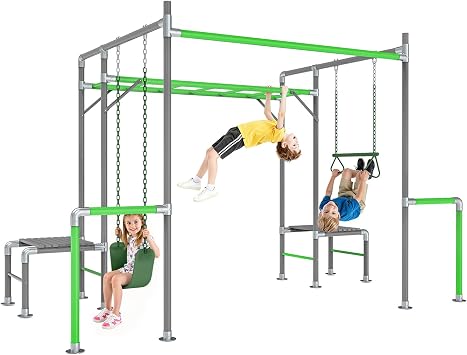 Outdoor Jungle Gym with Monkey Bars Frame, Climbing Set, Trapeze Swing Bar, Belt Swing, Kids Gymnastics Bars, Playground Set with Powder Coated Galvanized Steel for Backyard, Garden, Grass