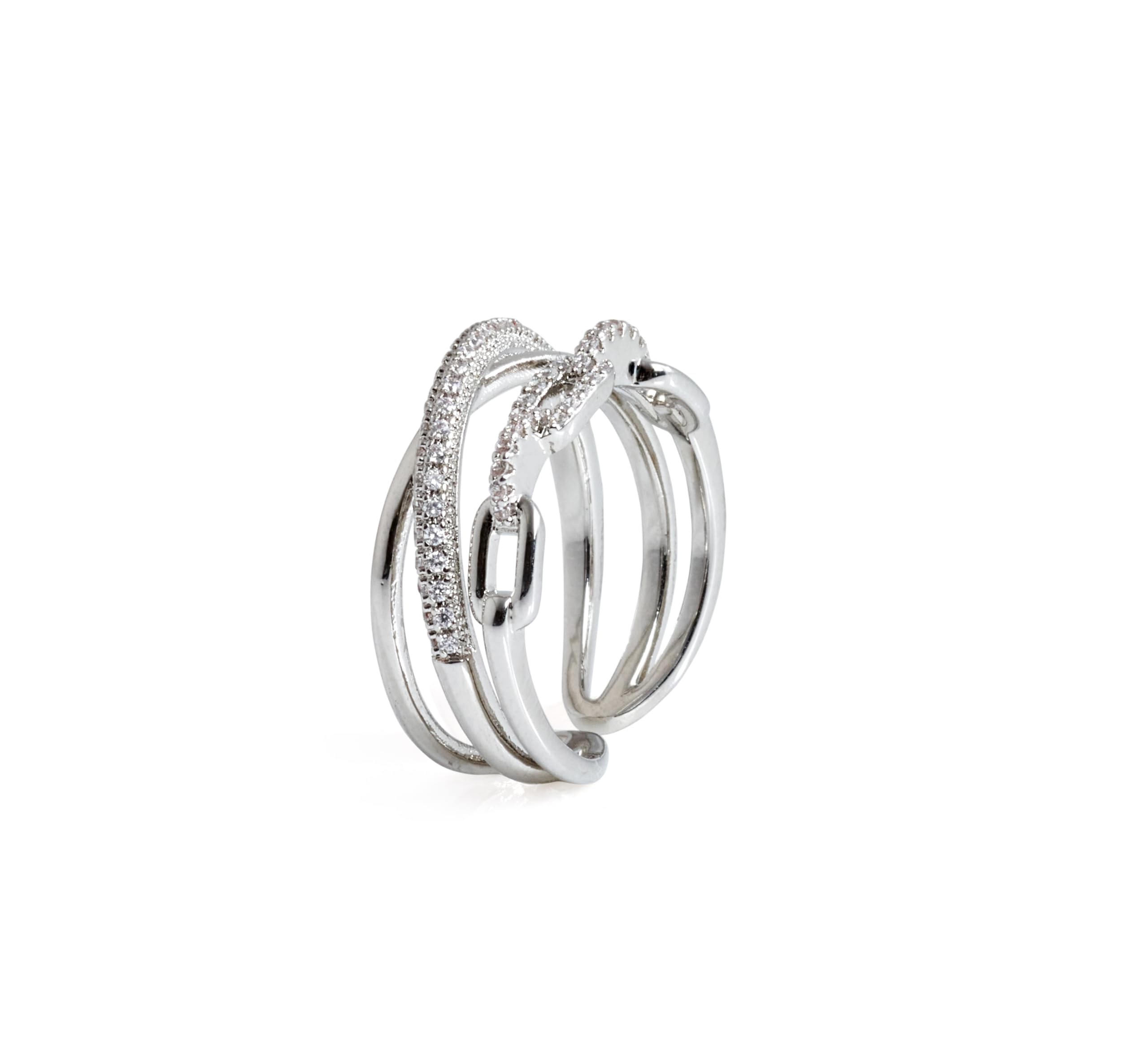 Trendy Rhodium-Plated Double Ring Set with Chain Link & Crystal Pave Design Adjustable Ring for Women & Girls-image-28