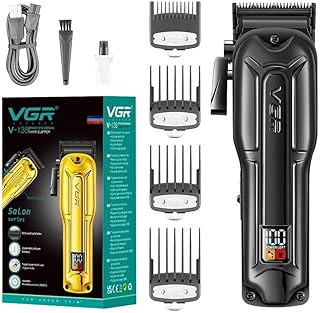 VGR V-138 Premium Metal Housing Hair Clipper 10000H+ Brushless motor (BLDC) Digital Display DLC coating Blade 2500 mAh battery USB charging 4 adjustable Taper Lever 4 Guide comb Runtime 180 min Black