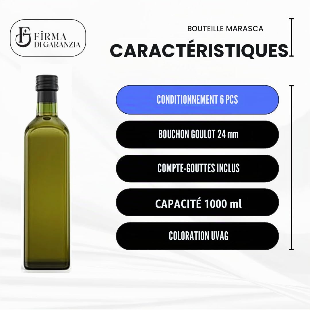 Lot de 6 bouteilles pour huile et liqueur 1000 ml avec entonnoir de transfert - Marasca carrées vides en verre foncé UVAG avec doseur d'huile anti-goutte et bouchon hermétique - Fabriqué en Italie