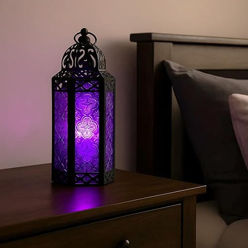 Miniatura 11 de Vela Lanterns - Farol portavelas decorativo, estilo marroquí, 3 piezas, cristal púrpura, tamaño mediano