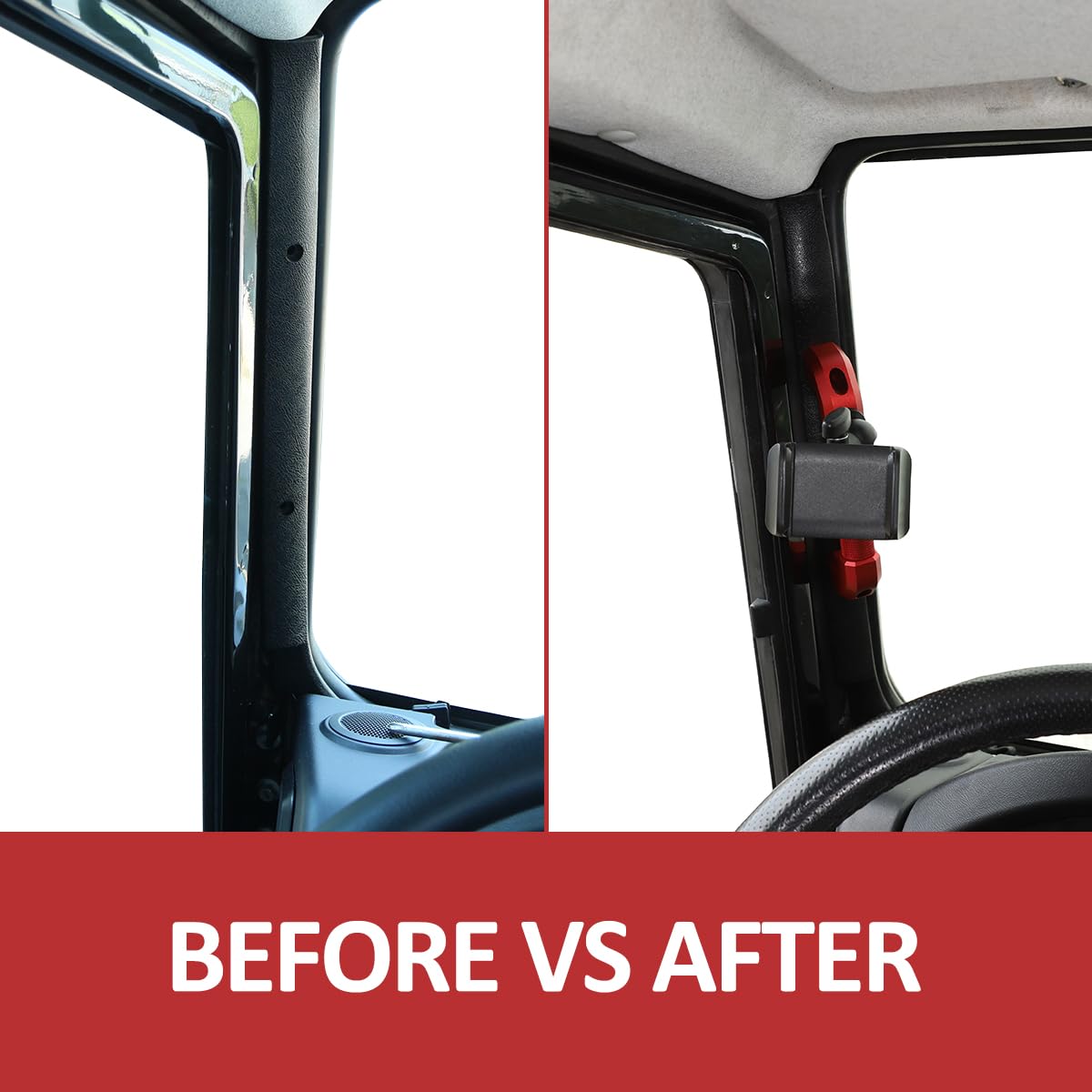 JONKOKO Car Interior Door Grab Handle Trim with Car Mobile Phone Holder Compatible with Land Rover Defender 2004-2018 Car A-Pillar Handle Mobile Phone Bracket GPS Navigation Bracket (Style C, Red)