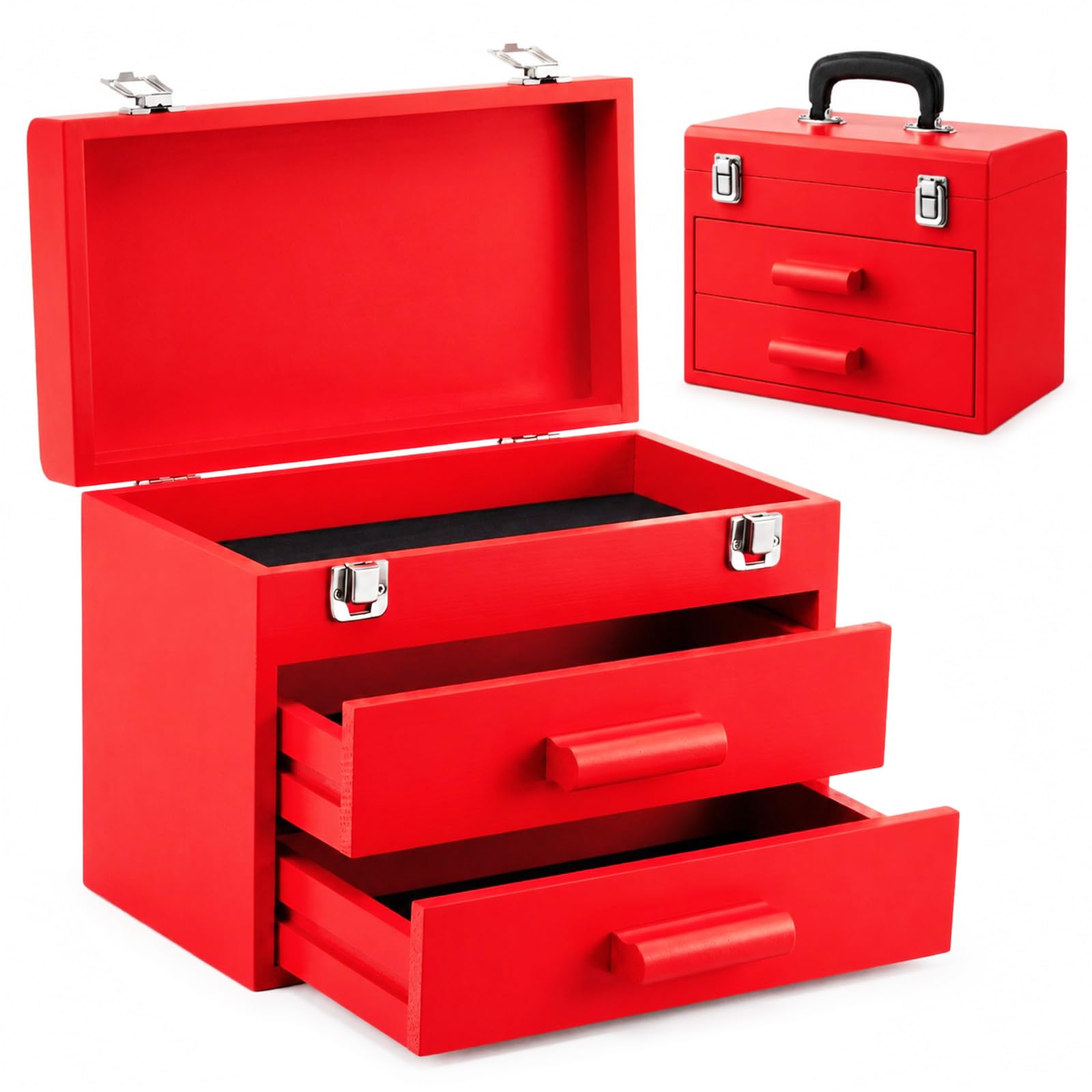 Weysat Mini-Werkzeugkiste aus Holz mit 2 Schubladen und oberer Aufbewahrung, tragbare kleine Werkzeugkiste mit PVC-Auskleidung, Mini-Aufbewahrungs-Organizer, Make-up-Box mit Metallriegelverschluss