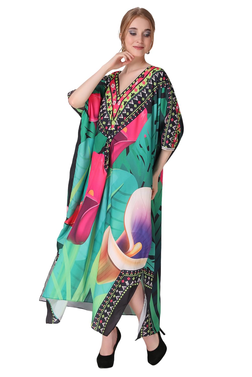 Chaotic Harmony Digital Printed Crepe Maxi Length Kaftan Dress for Women Multicolor Freesize-image-30