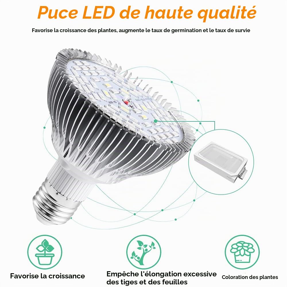 Lampe de Croissance LED à Spectre Complet 50W, pour Plantes D'intérieur Légumes et Feurs, E27 Ampoule LED pour Serre Hydroponique, Durable et Haute Efficacité