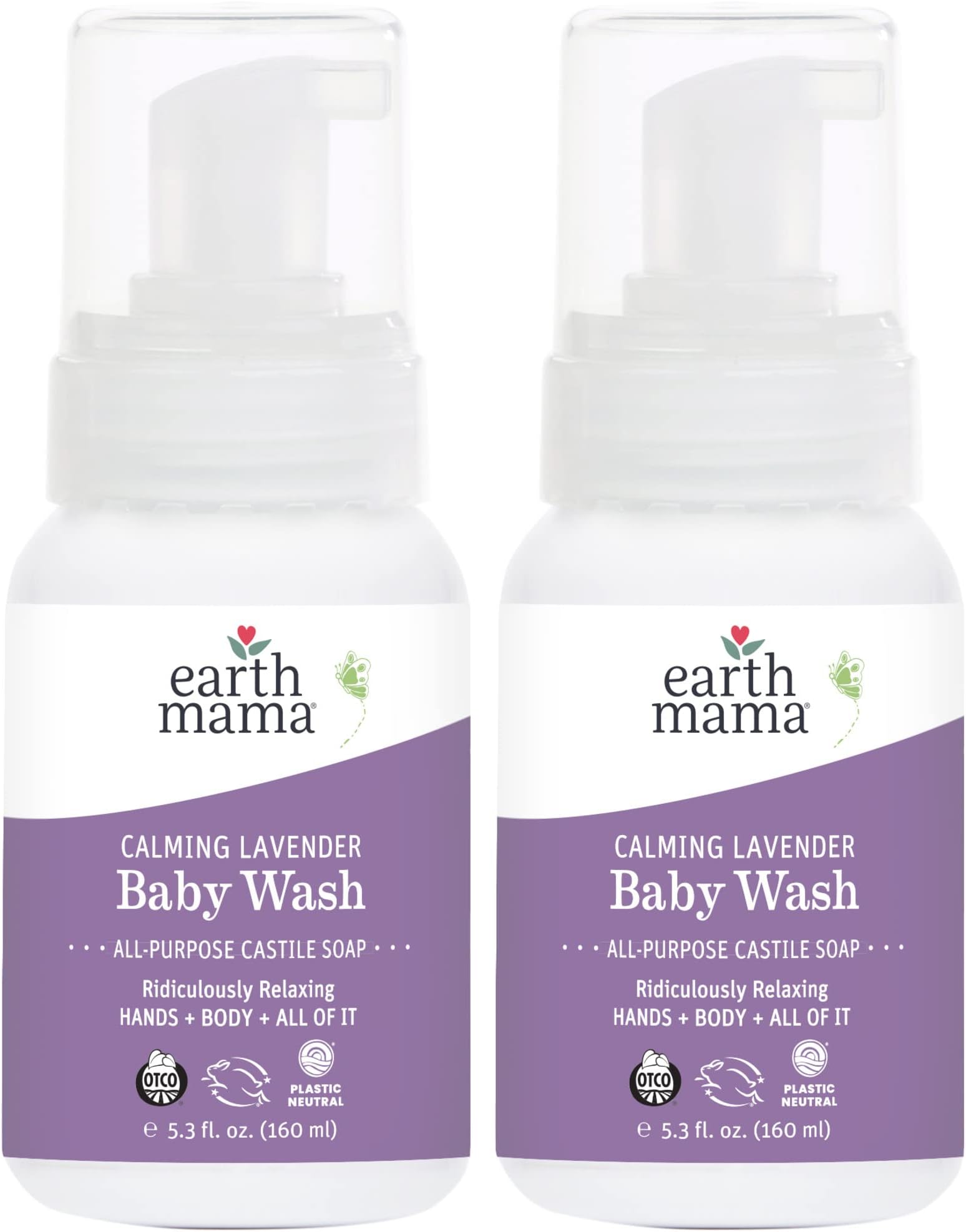 Earth Mama Calming Lavender Baby Wash Liquid Foaming Hand Soap, All-Purpose Lavender Body Wash for Sensitive Skin, Castile Soap with Coconut Oil, Shea Butter, Calendula, & Aloe, 5.3 Fl Oz (Pack of 2)