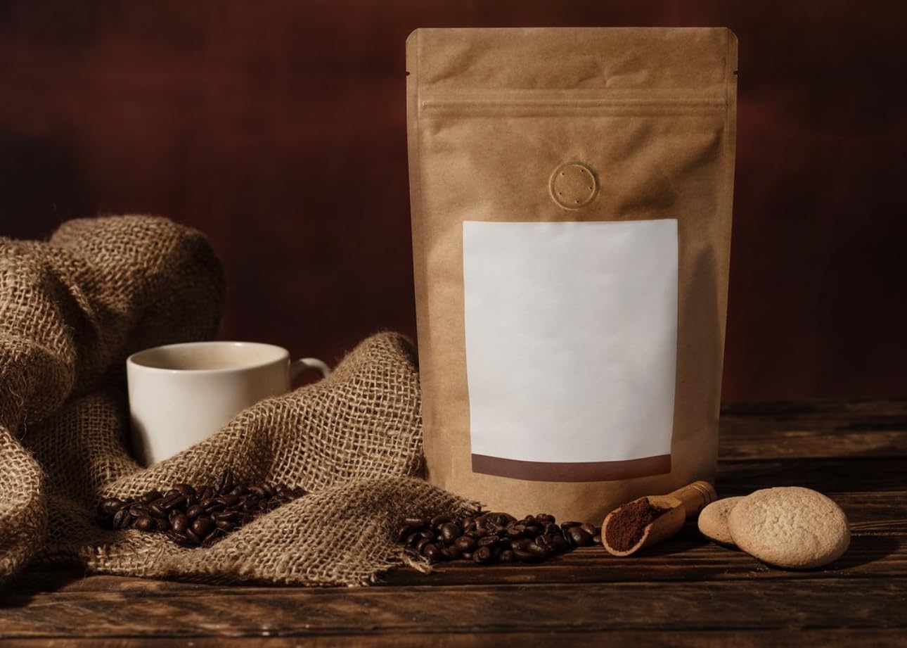 100 bolsas de café de 8 onzas con cierre de cremallera, bolsas de café de papel kraft natural de alta barrera con liberación de aire/válvula de desgasificación unidireccional y cremallera reutilizable