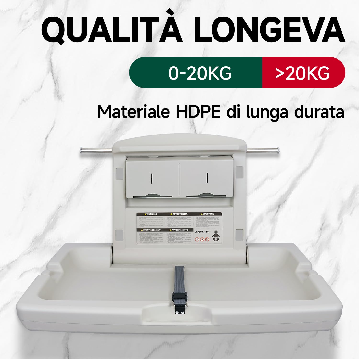 anydry Stazione per cambio neonati a parete resistente, Design Heavy-Duty con cinture di sicurezza, Ripiegabile per risparmio spazio, in elegante bianco grigiastro