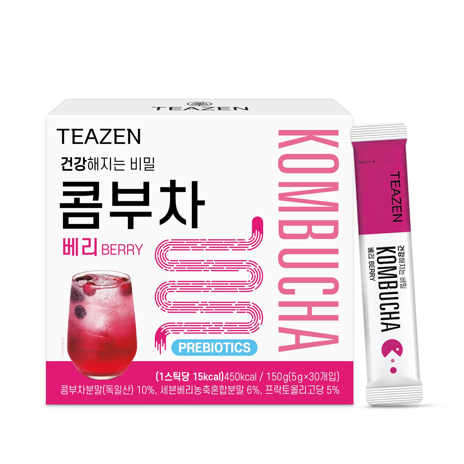 TEAZEN Berry Kombucha Tea, Hydration Drink Mix, Sugar Free, Live Probiotics & Prebiotics, 30 Sticks, 5.29oz