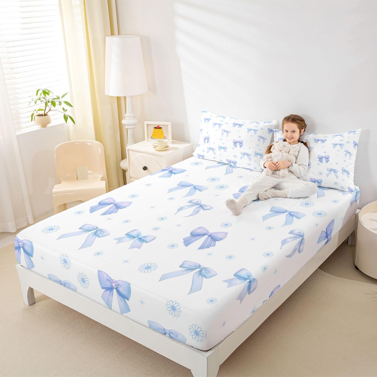 Homewish Kokarda wstążka kwiat niebieskie prześcieradła podwójna kokardka zestaw pościeli księżniczka zestaw pościeli - kwiatowa stokrotka dopasowane płaskie prześcieradła 4 sztuki