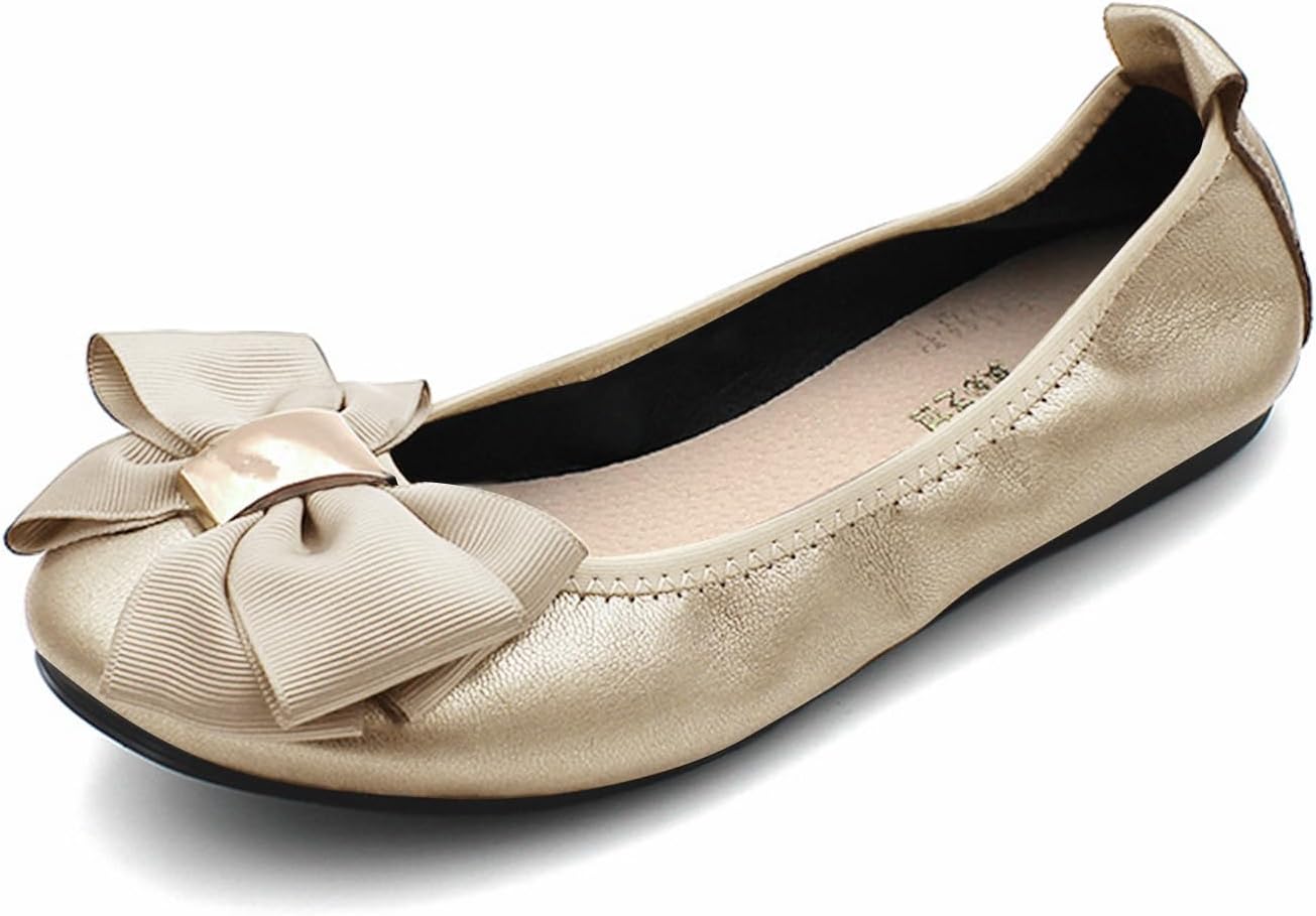 Womens Bowknot Ballet Flats Round Toe Flat Shoes Leather Casual Dress Shoes Wear to Work Slip On Moccasins