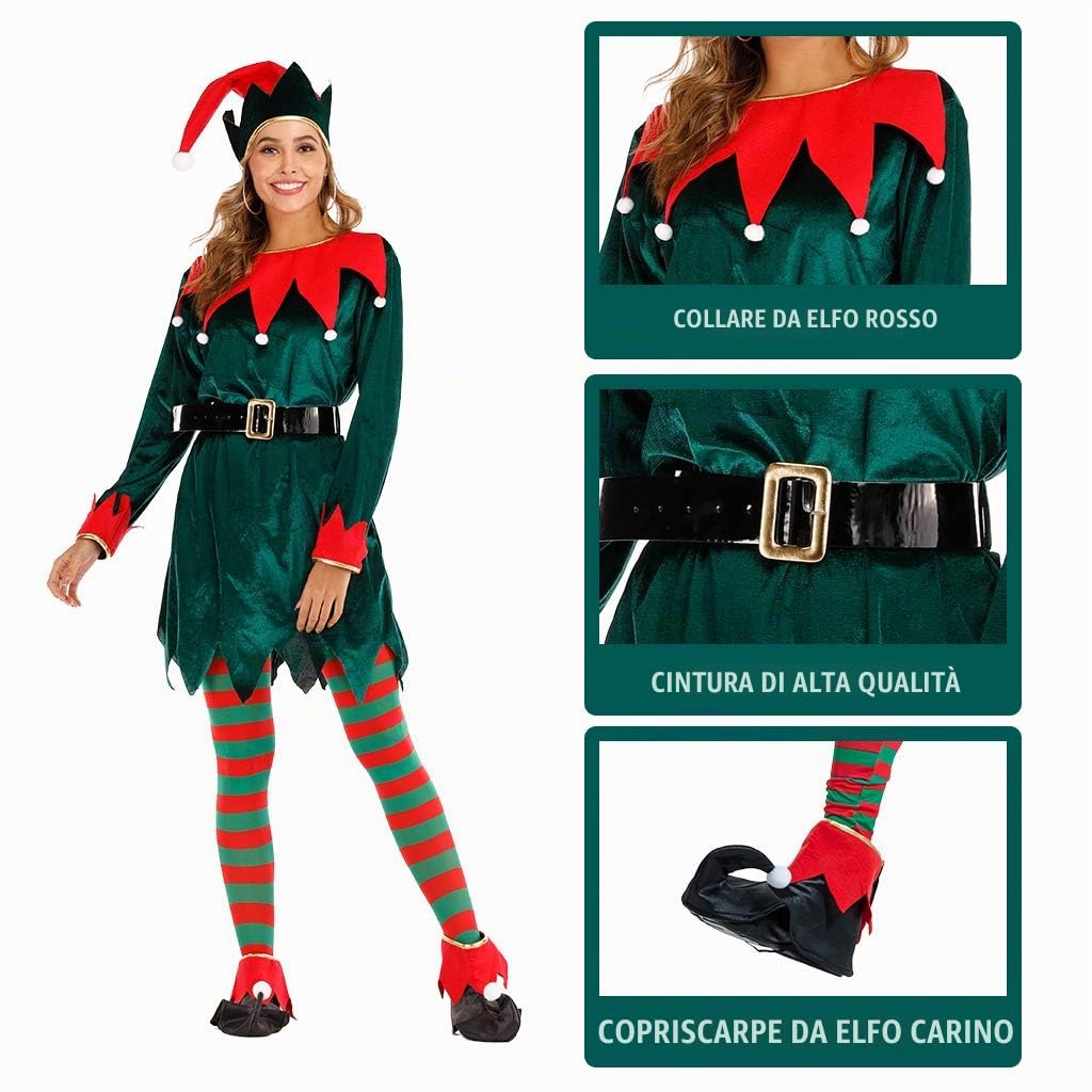 EraSpooky Costume da Elfo Natalizio da Donna Cappello Fantasia Calza Copriscarpe Cintura Divertente Vestito da Festa per Adulto