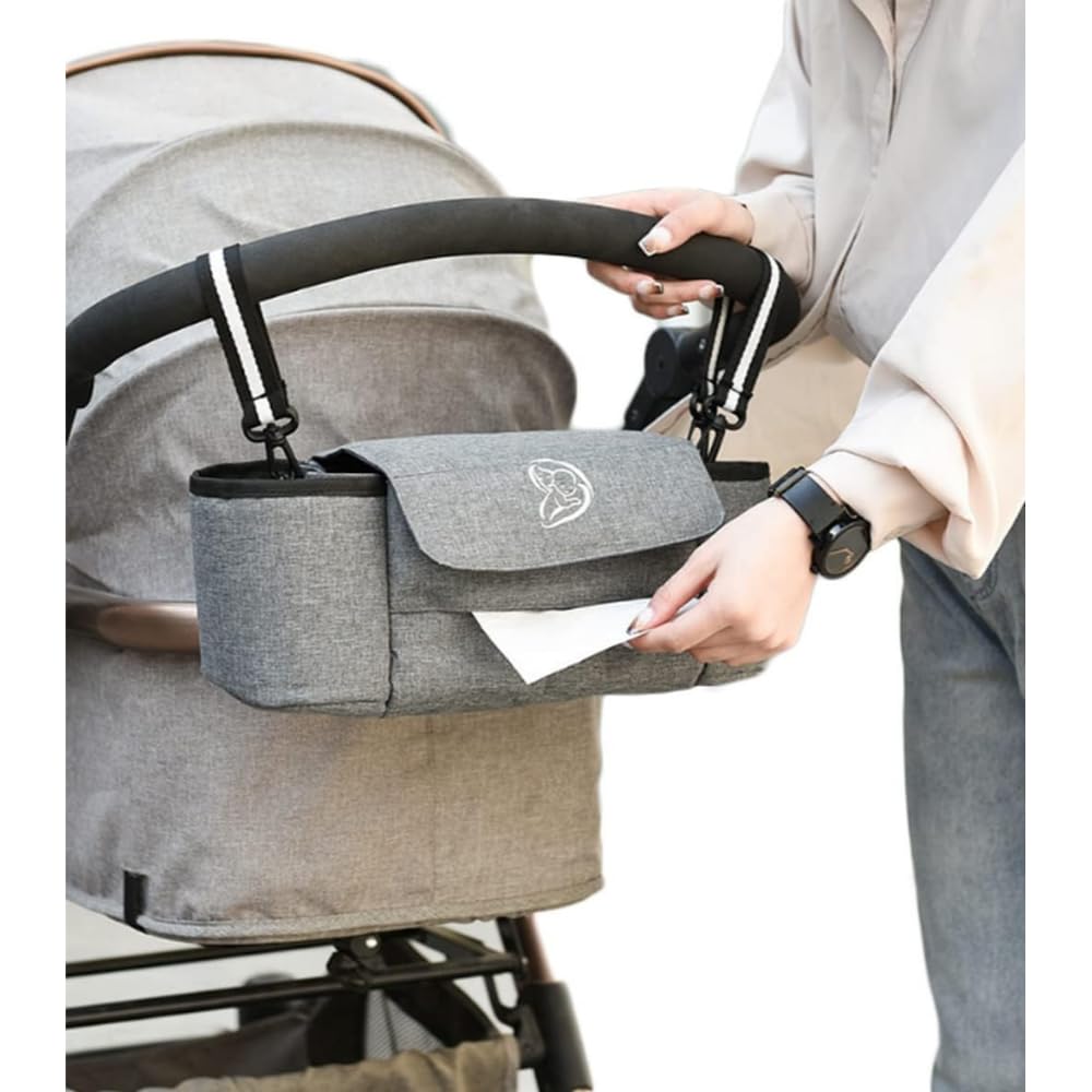 AMERTEER Universal Stroller Organizer | 2 Insulated Cup Holders | Portable Baby Caddy for Diapers, Bottles & Essentials | Lightweight Stroller Storage Bag for Parents | Durable & Easy to Install