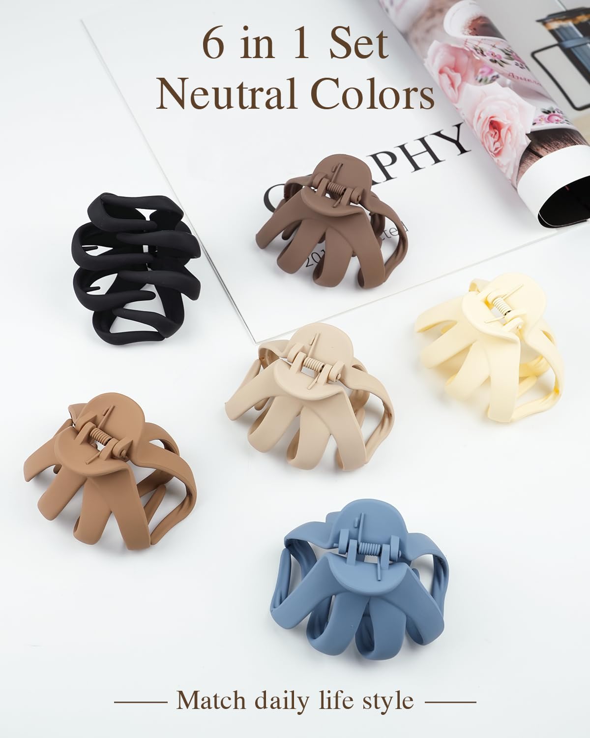 Big Claw Haarspangen für dickes Haar, 8,1 cm, matt, Krake große Clips für Frauen und Mädchen, starker Halt, Jumbo-Clips für alle Haartypen, 6 Stück (neutral)