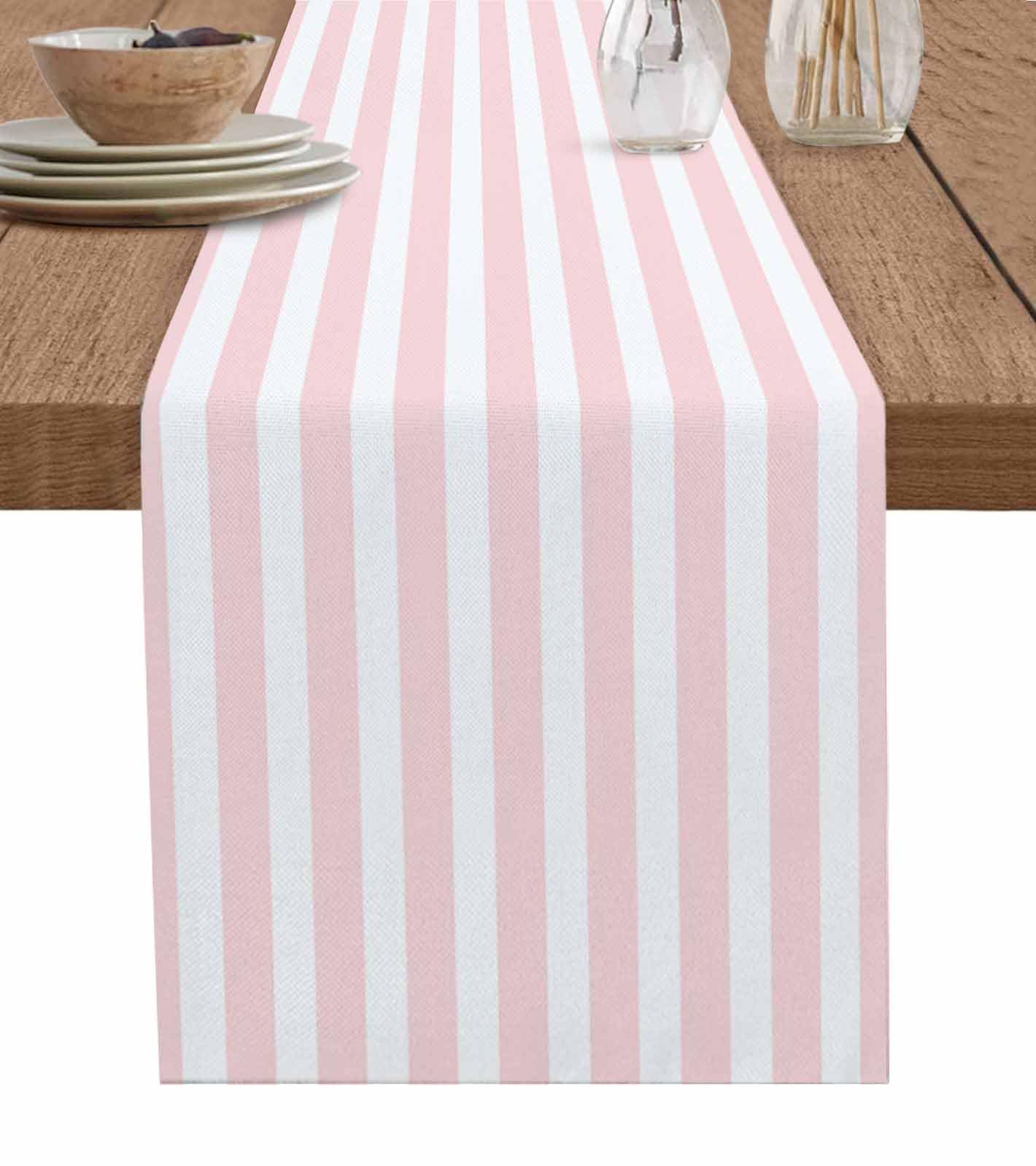 Huotupsine Pink Striped Cotton Linen Rectangle Table Runners 13"x72", Modern Farmhouse Pink White Stripes Coffee Table Runner Dresser Scarves Luxury Table Runners for Party Wedding Banquet Dinner