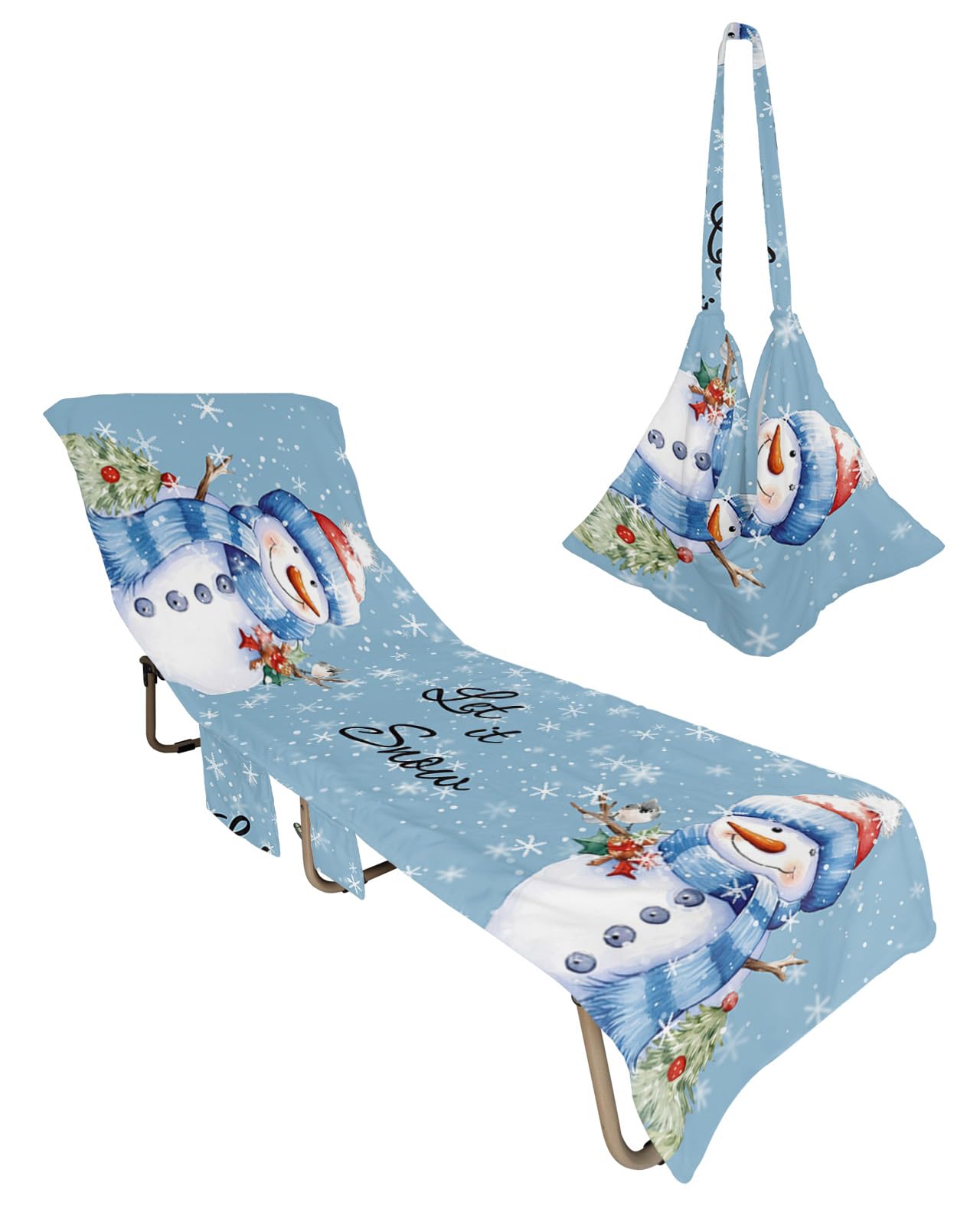 Christmas, Beach Lounge Chair Towel Cover, Soft Chaise Lounge Towel with Side Pockets Patio Pool Chairs Cover for Beach/Pool Sunbathing 29x85 Winter Snowflake Snowman Blue Watercolor